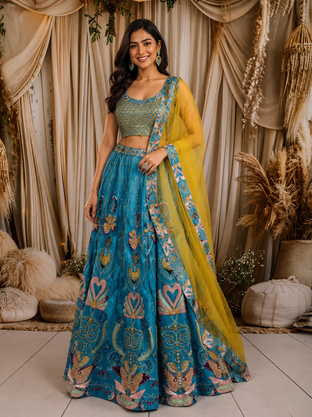 Turquoise Blue Stone Embellished Design Georgette Lehenga with Contrast Dupatta